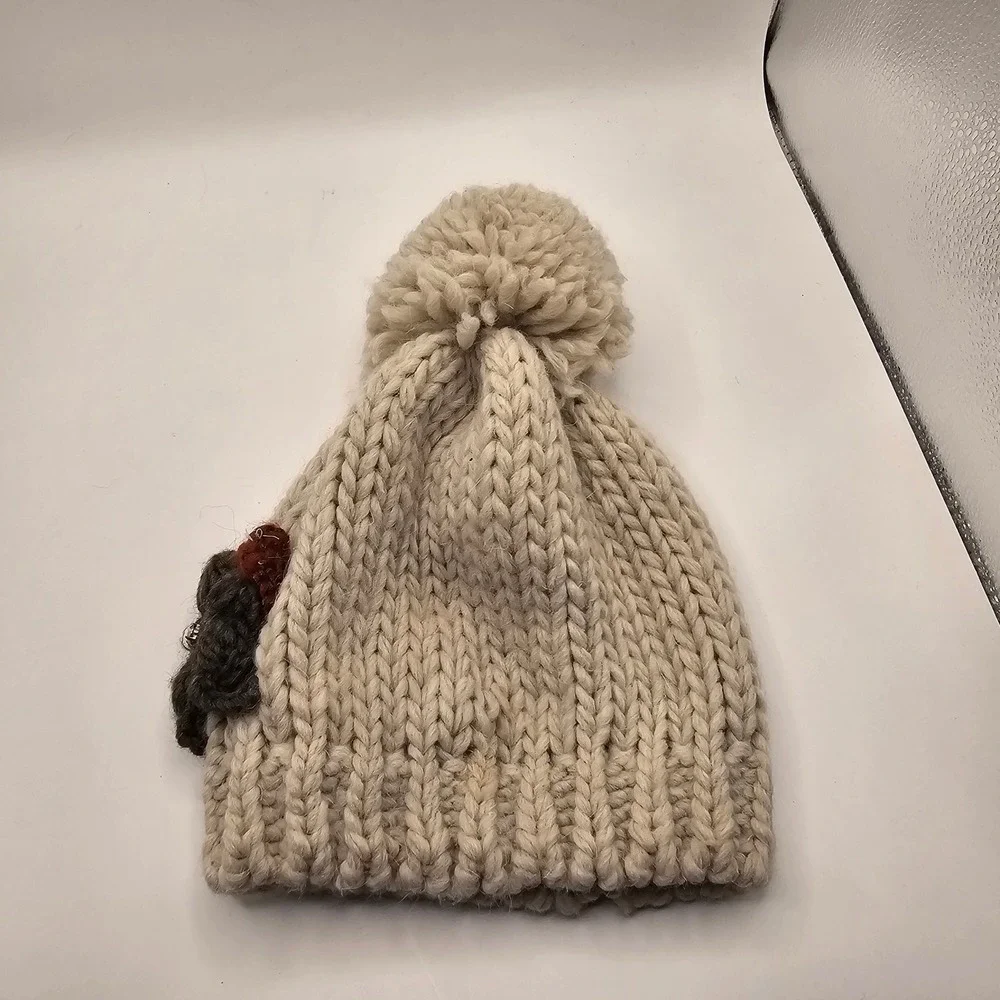 Gelso Bianco Alpaca Wool Blend Beanie OS Cream Cottagecore Floral Pom Pom Italy